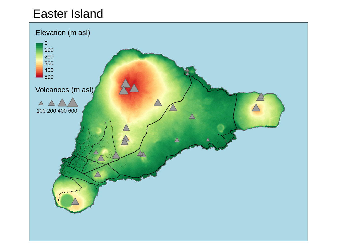 Example of a map with four groups of map layers: an elevation layer, island borders layer, roads layer, and volcanoes layer.