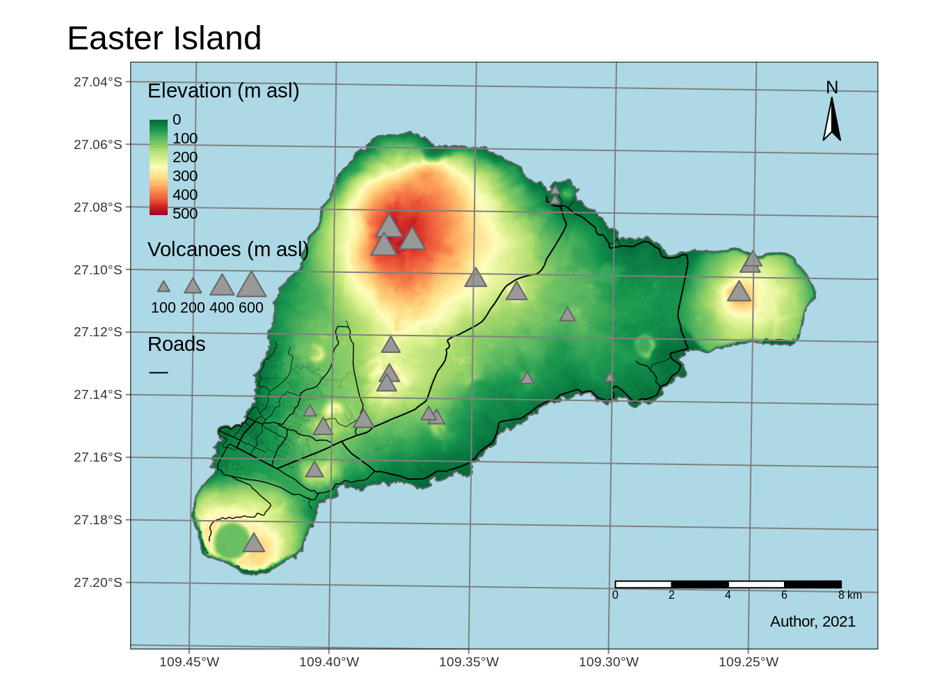 Example of a map with four groups of map layers and additional map elements, such as graticule lines, north arrow, scale bar, and text annotation. It also has a manually added legend.