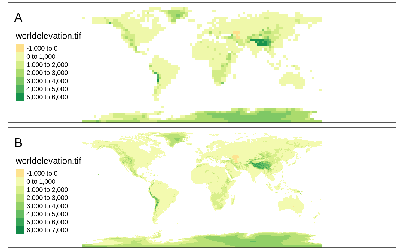 (A) A raster map with the decreased resolution, (B) a raster map in the original resolution.