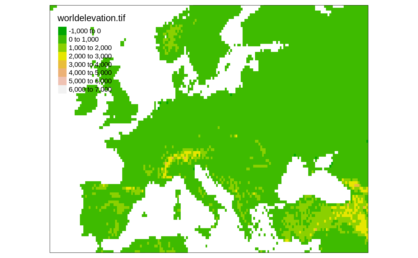 Global elevation data limited to the extent of the specified minimum and maximum coordinates.