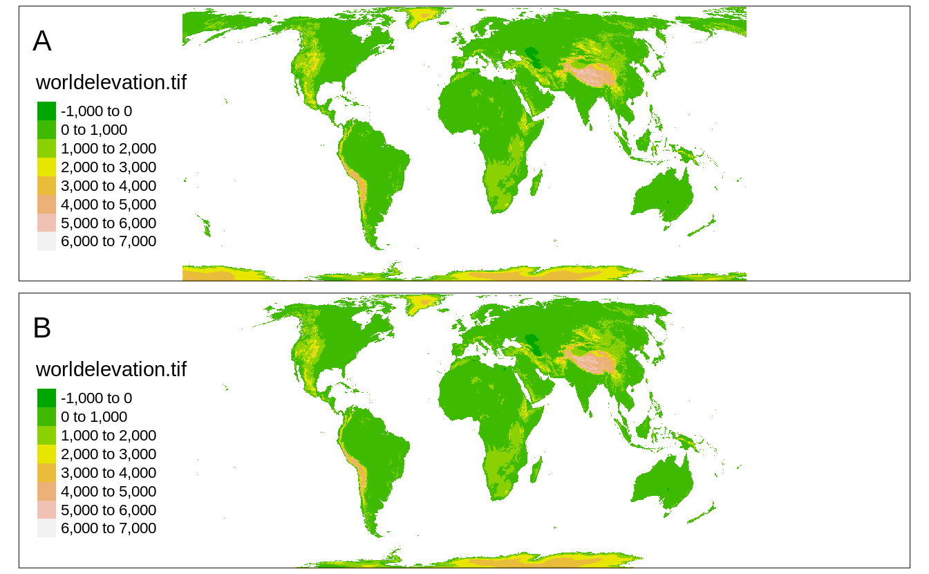 Two elevation maps in the Equal Earth projection: (A) created using raster.warp = TRUE, (B) created using raster.warp = FALSE.