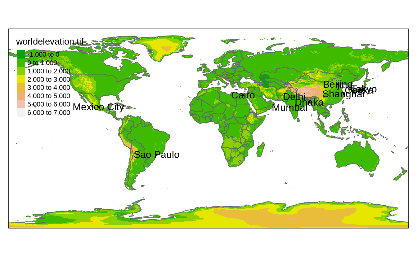 A map representing three shapes (worldelevation, worldvector, and worldcities) using four layers.