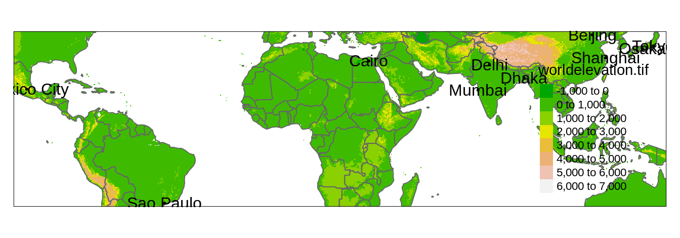 A map representing three shapes (worldelevation, worldvector, and worldcities) using four layers and zoomed into the locations in the worldcities object.