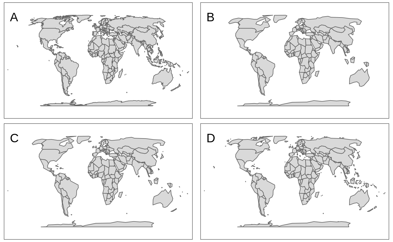 A map of world’s countries based on: (A) original data, (B) simplified data with 5% of vertices kept, (C) simplified data with 5% of vertices, and all features kept, (D) simplified data with 5% of vertices, all features, and all polygons kept.