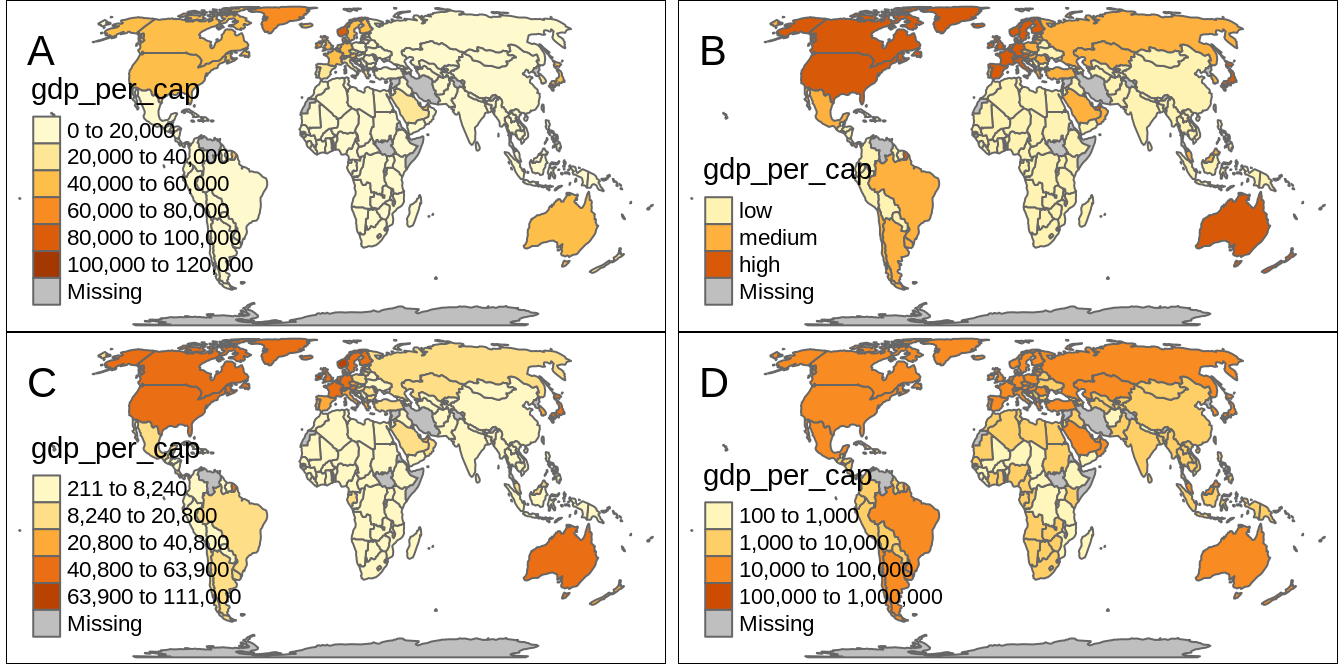 Examples of four methods of creating discrete maps: (A) default method (‘pretty’), (B) the ‘fixed’ method with manually set breaks, (C) the ‘jenks’ method, and (D) the ‘log10_pretty’ method.