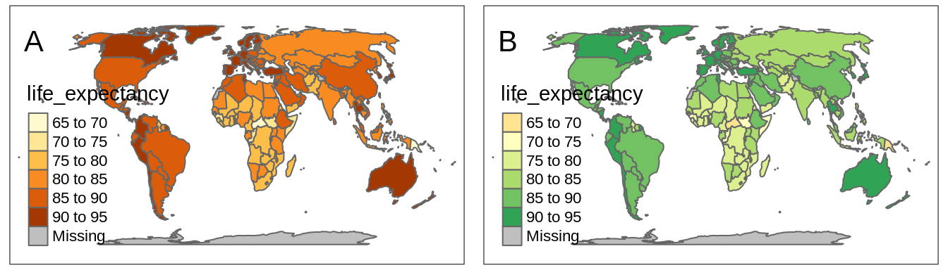 Examples of (A) a map with the default sequential color palette and (B) a map with the diverging color palette around the midpoint value of 73.