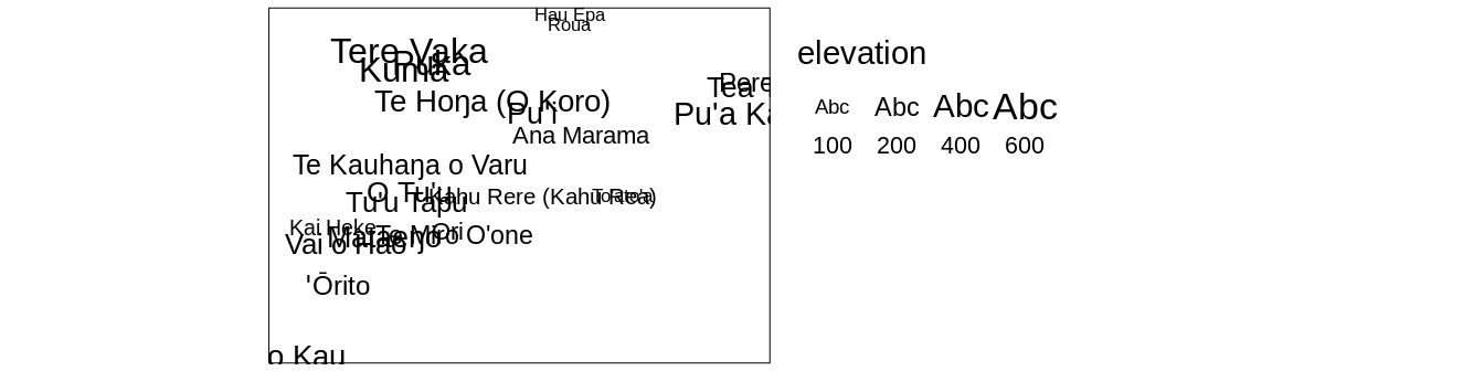 Example of a map where text sizes represent elevations of the volcanos.