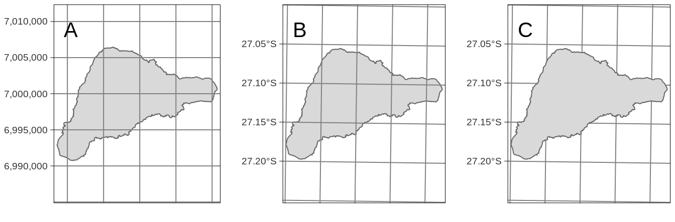 (A) Map grid, (B) graticules, and (C) graticules put behind the map layer.