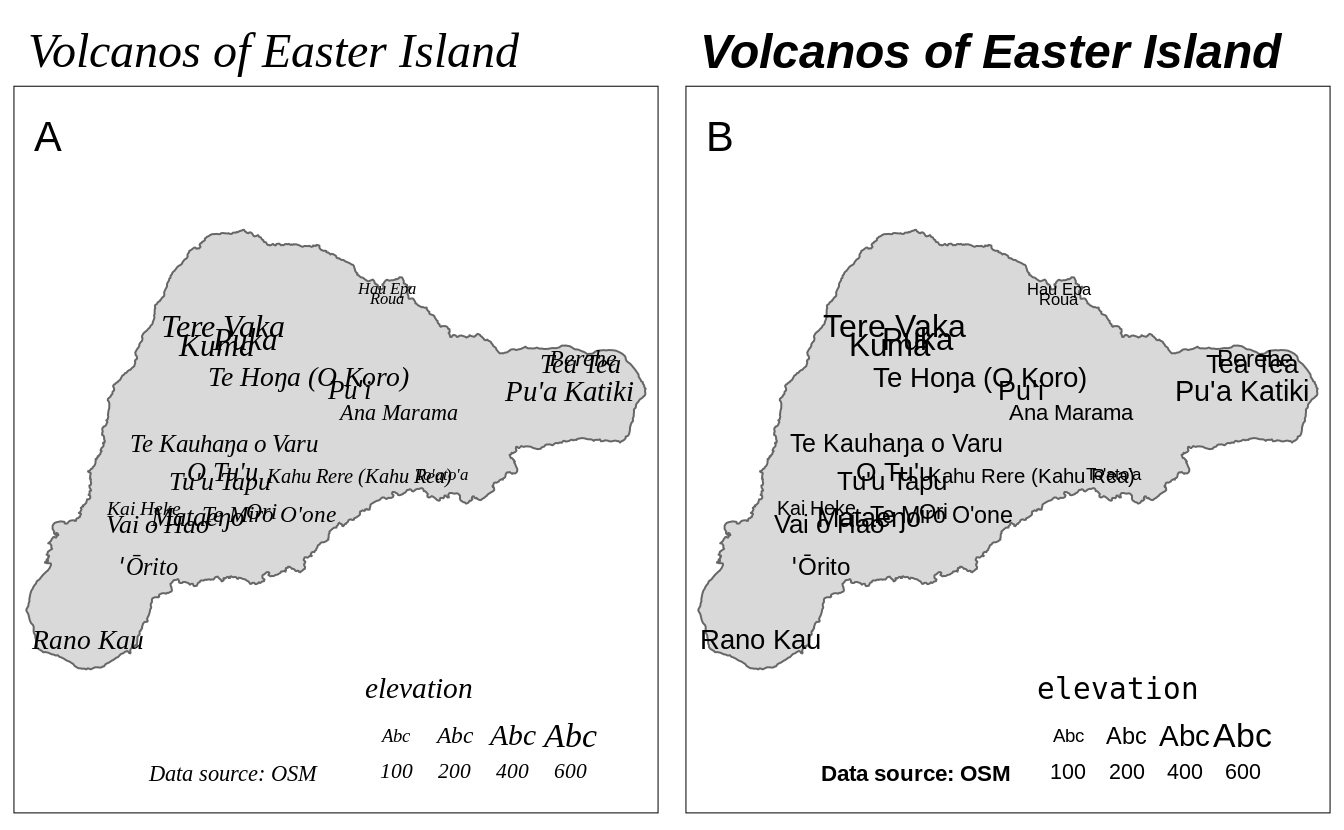 Examples of (A) one font (font family and font face) used for all of the map elements (title, text labels, legend, and text annotation), and (B) different fonts used for different map elements.